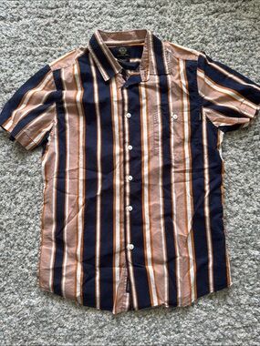 Jack & Jones Navy and Brown Vertical Stripe Short-Sleeve Shirt